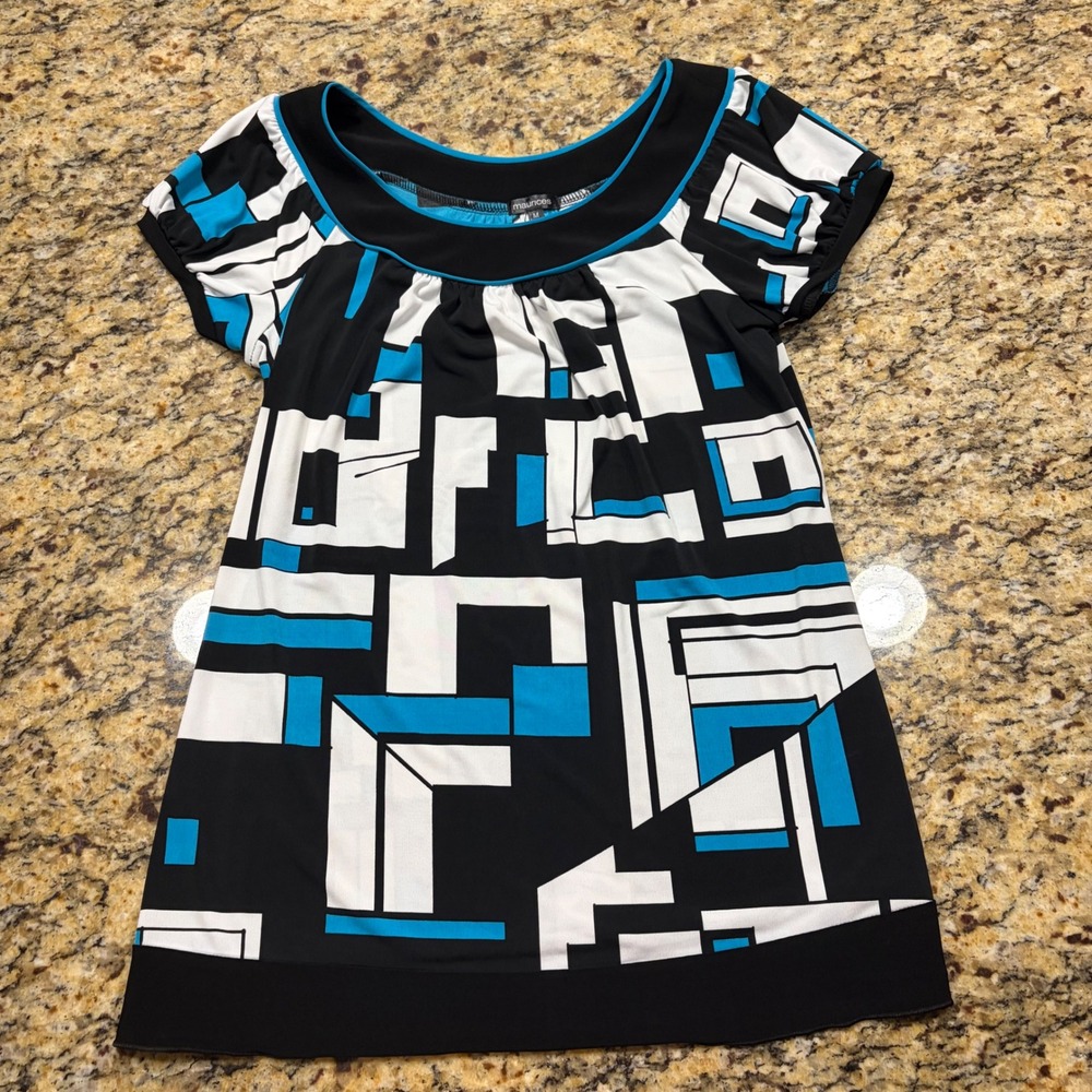 Maurices Geometric Print Scoop Neck Blouse Black Blue White Medium v